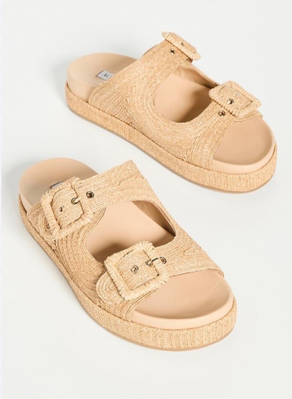 Aquazzura Raffia Double Buckle Slide Sandals EU 38.5 Natural Straw Made in Italy